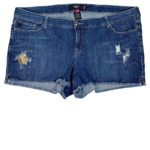Torrid Distressed Sequin Peek a Boo Cut Off High Rise Jean Shorts